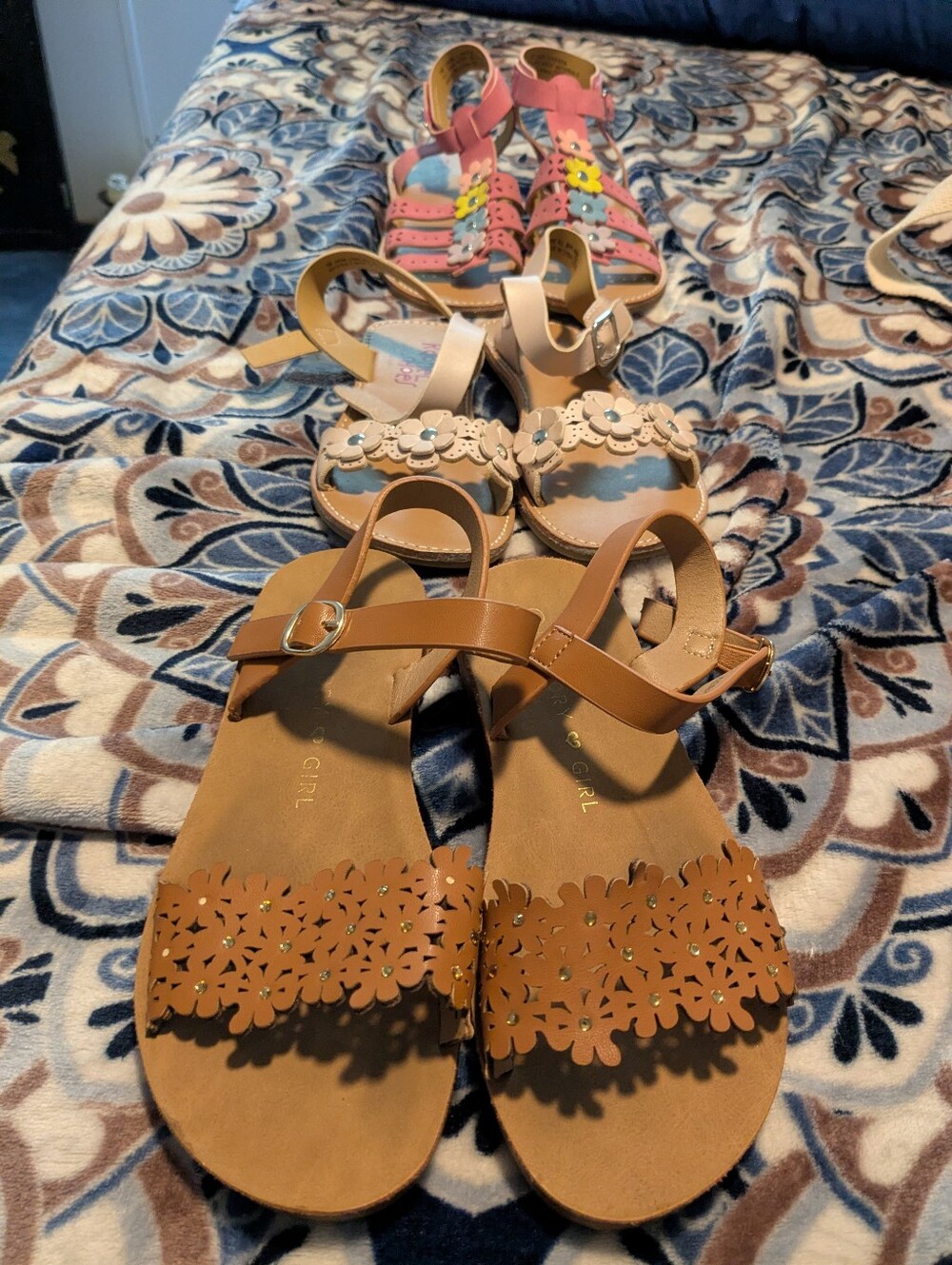 3 Pairs Of Girls Floral Cutout Tan Sandals - Classic Strappy Style